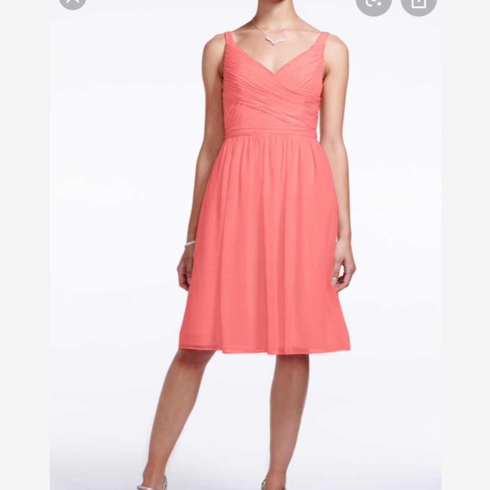 David's Bridal short cliffon V neck dress with Ruching size 4